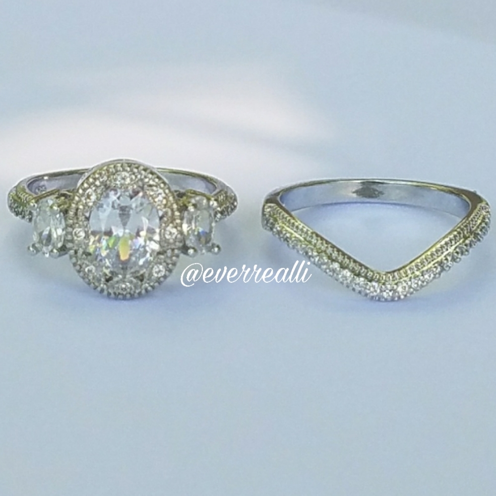 Silver Three Stone Oval Cut Fancy Halo Diamond Ring - Picture 4 of 8